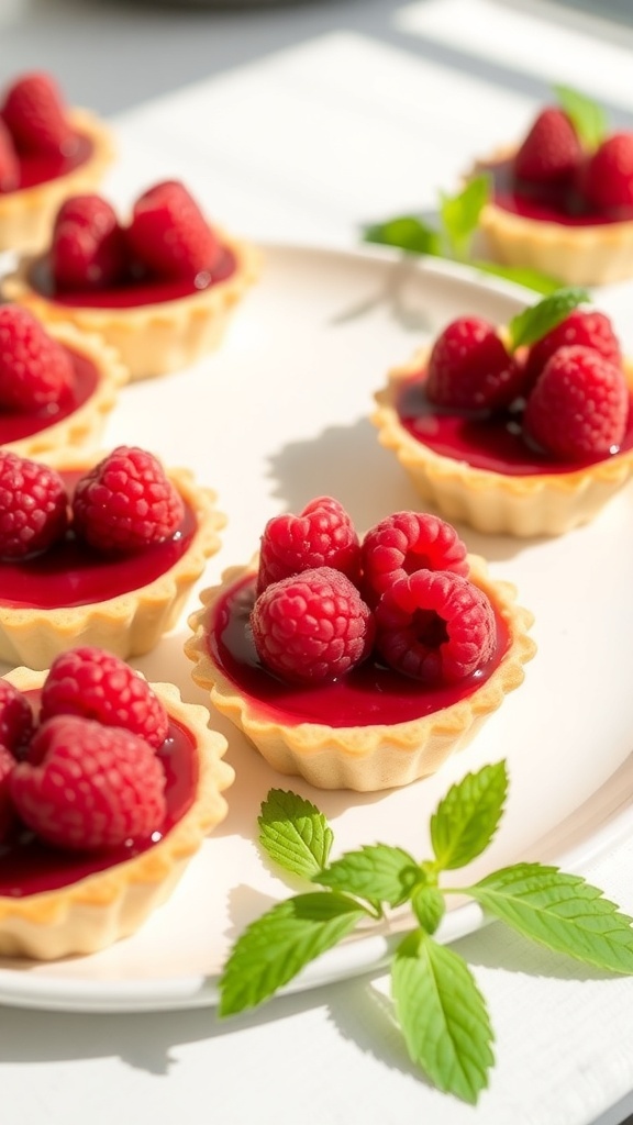 A plate of raspberry chia jam tarts topped with fresh raspberries and mint leaves.