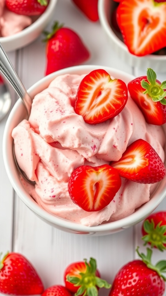 A bowl of strawberry nice cream topped with fresh strawberries and mint, surrounded by more strawberries.