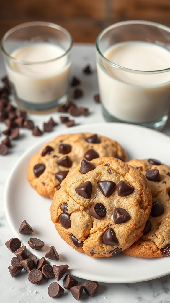 Vegan chocolate chip cookies on a plate with glasses of milk and chocolate chips scattered around.