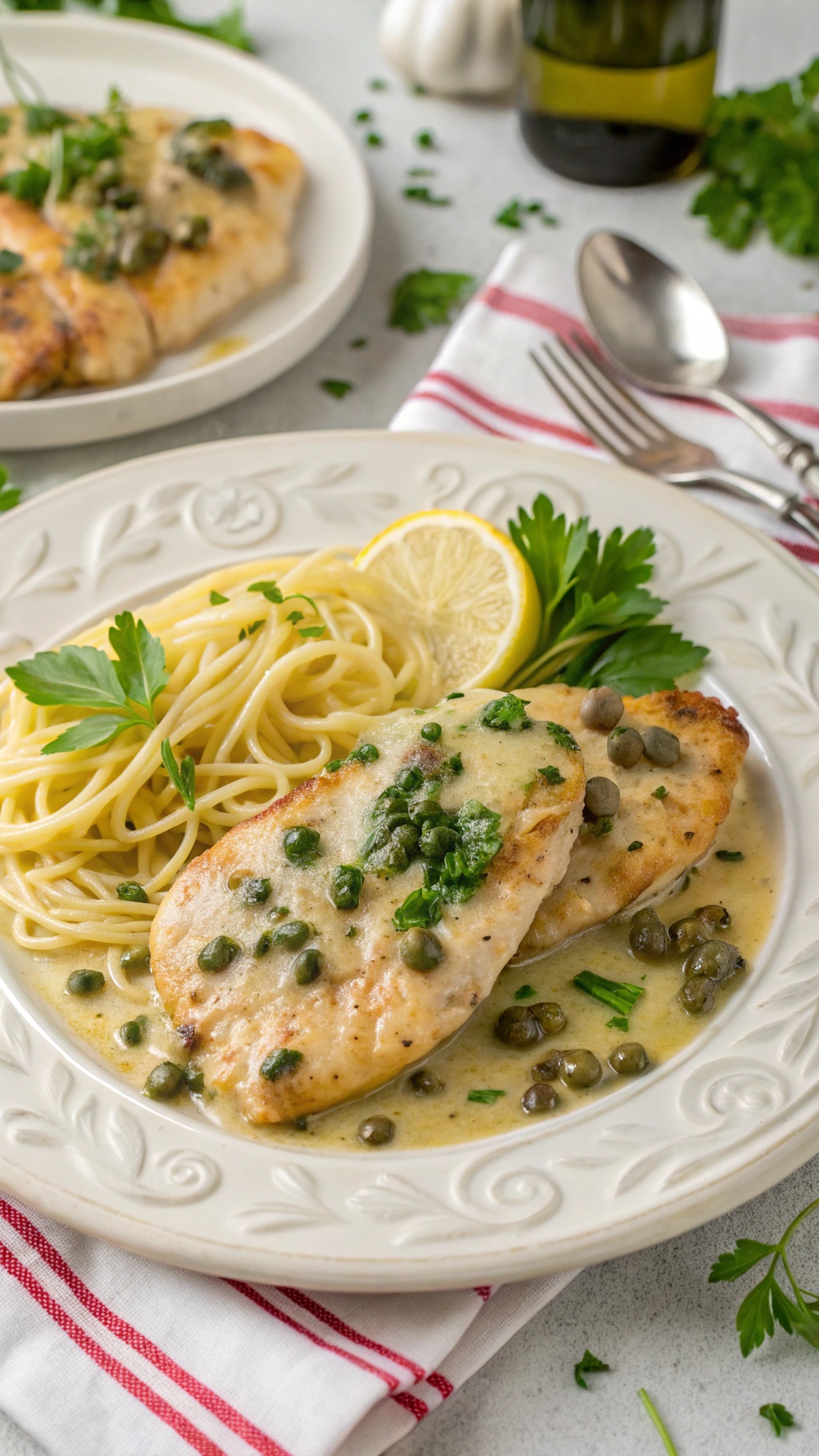 A plate of Chicken Piccata served with pasta and garnished with parsley and lemon.