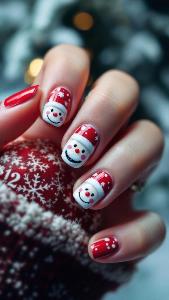 Nails painted with Santa faces and red polish, holding a Christmas ornament
