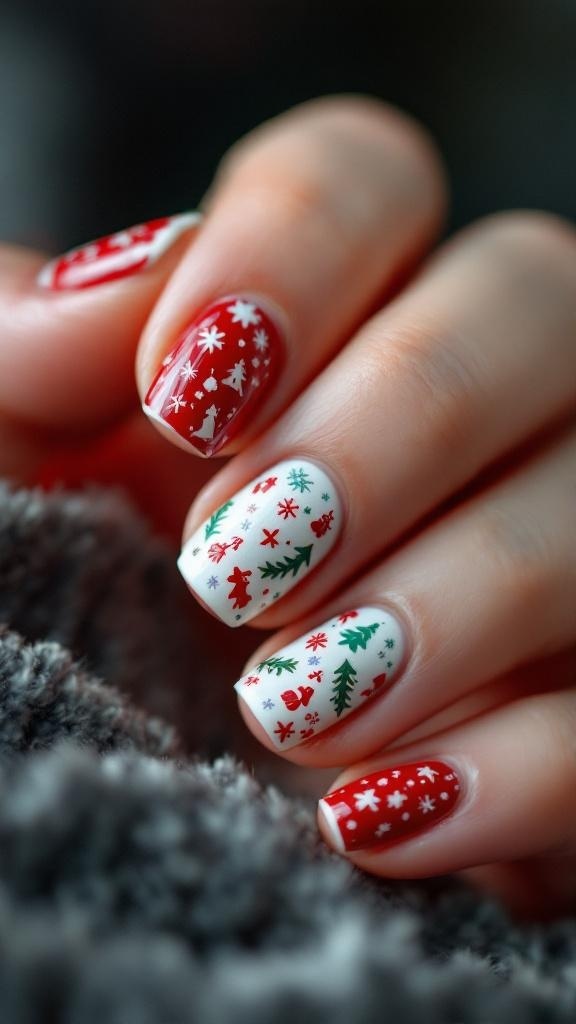 A variety of colorful Christmas nail decals and stickers displayed among festive decorations.