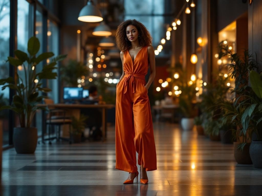 A woman in a vibrant orange jumpsuit standing in a stylish indoor setting with plants and warm lighting.