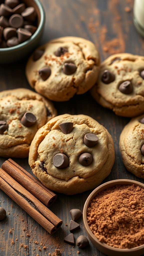 Keto chocolate chip cookies with cinnamon, chocolate chips, and cinnamon sticks on a wooden surface.