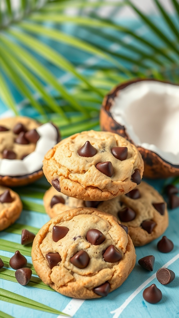 Keto chocolate chip cookies made with coconut oil, surrounded by chocolate chips and a coconut shell.