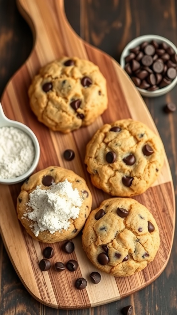 Keto chocolate chip cookies with collagen powder on a wooden board