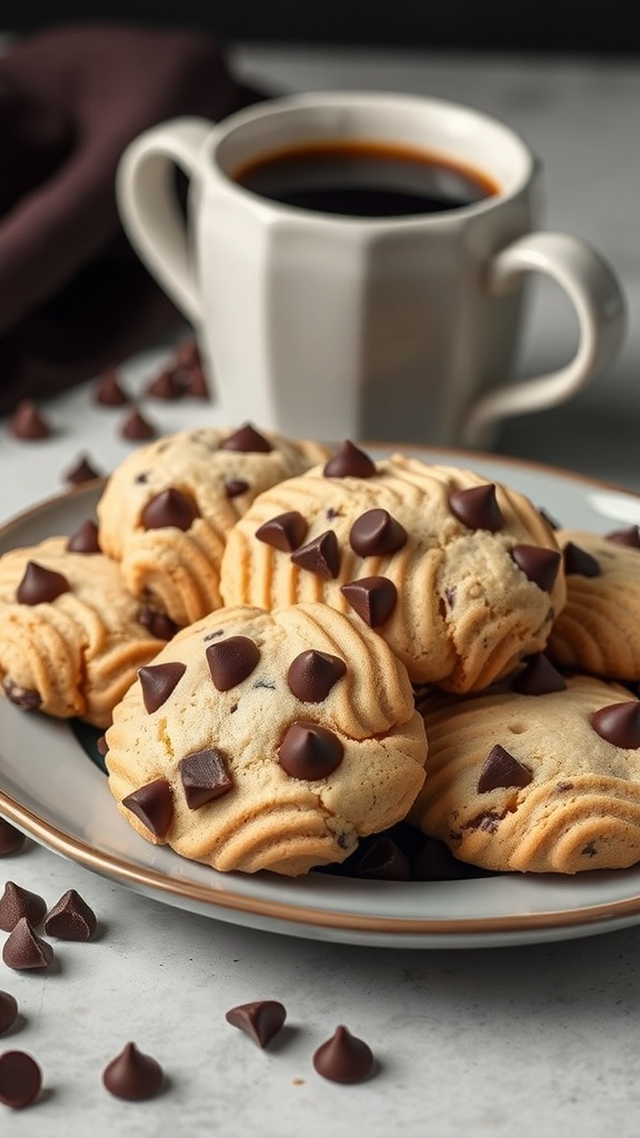 Plate of keto chocolate chip cookies with cream cheese, accompanied by a cup of coffee.