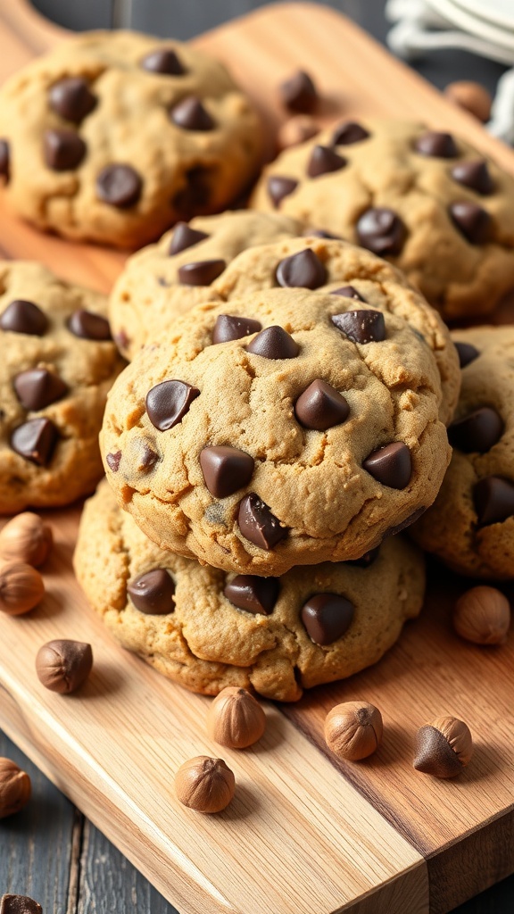 Keto chocolate chip cookies with hazelnuts on a wooden board