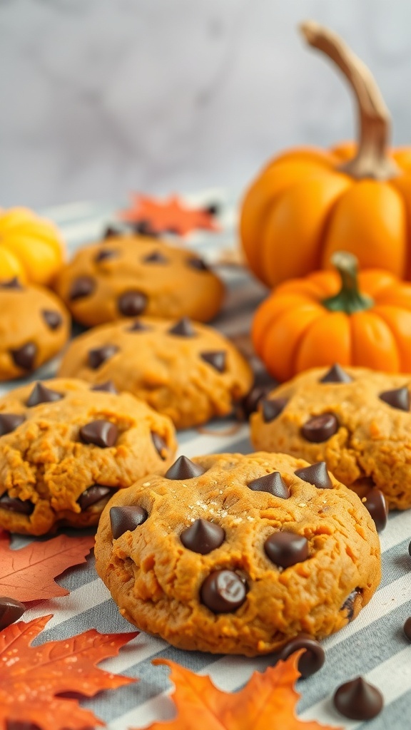 Keto chocolate chip cookies with pumpkin spice, surrounded by pumpkins and autumn leaves.