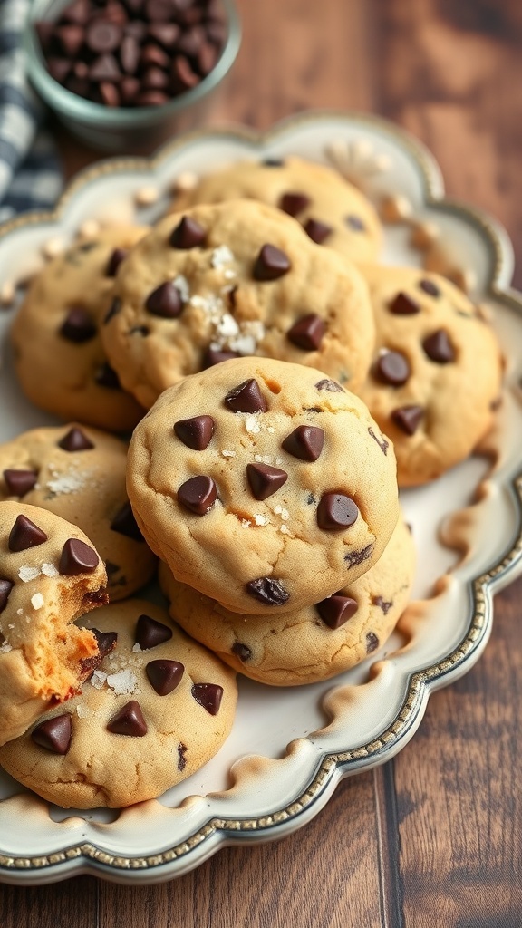 A plate of keto chocolate chip cookies topped with sea salt, showcasing their chewy texture and rich chocolate chips.