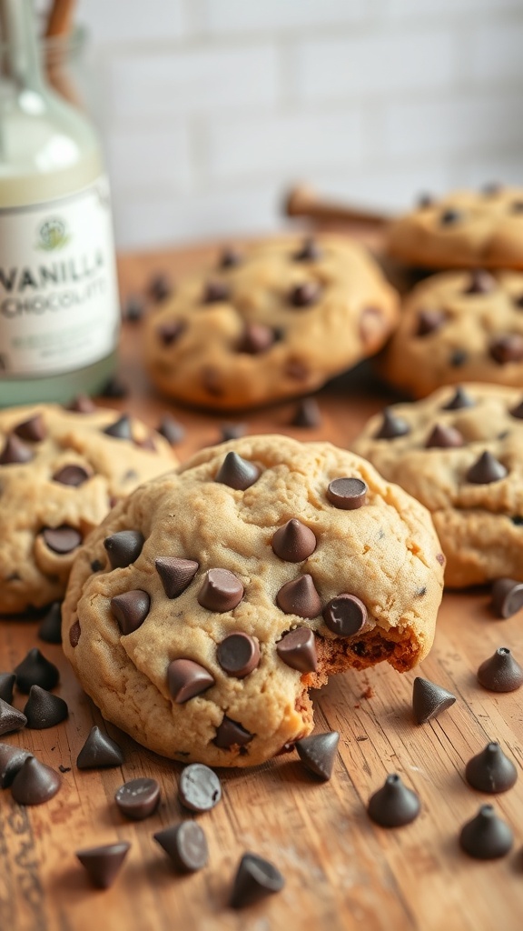 Delicious keto chocolate chip cookies with chocolate chips scattered around, featuring a bottle of vanilla extract in the background.
