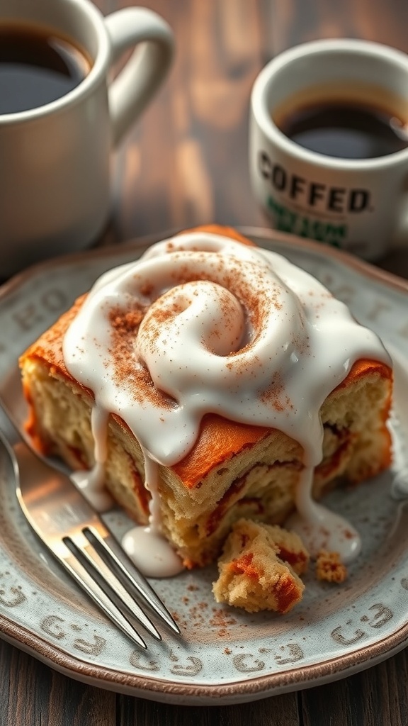 A slice of Keto Cinnamon Roll Cake topped with cream cheese frosting, served on a plate with two cups of coffee in the background.