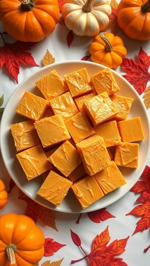 A plate of keto pumpkin fudge squares surrounded by small pumpkins and autumn leaves.