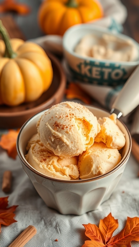 A bowl of creamy keto pumpkin ice cream with cinnamon, surrounded by small pumpkins and autumn leaves.