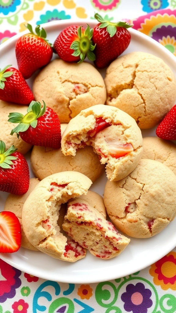 A plate of keto strawberry almond flour cookies surrounded by fresh strawberries.