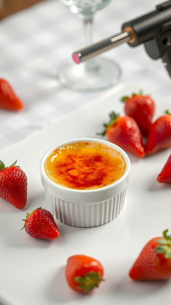 A delicious Keto Strawberry Crème Brûlée with a caramelized top, surrounded by fresh strawberries.