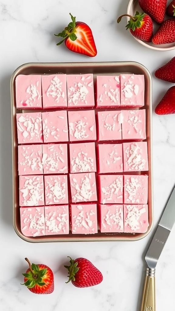 A tray of pink keto strawberry fudge cut into squares, topped with shredded coconut, alongside fresh strawberries.