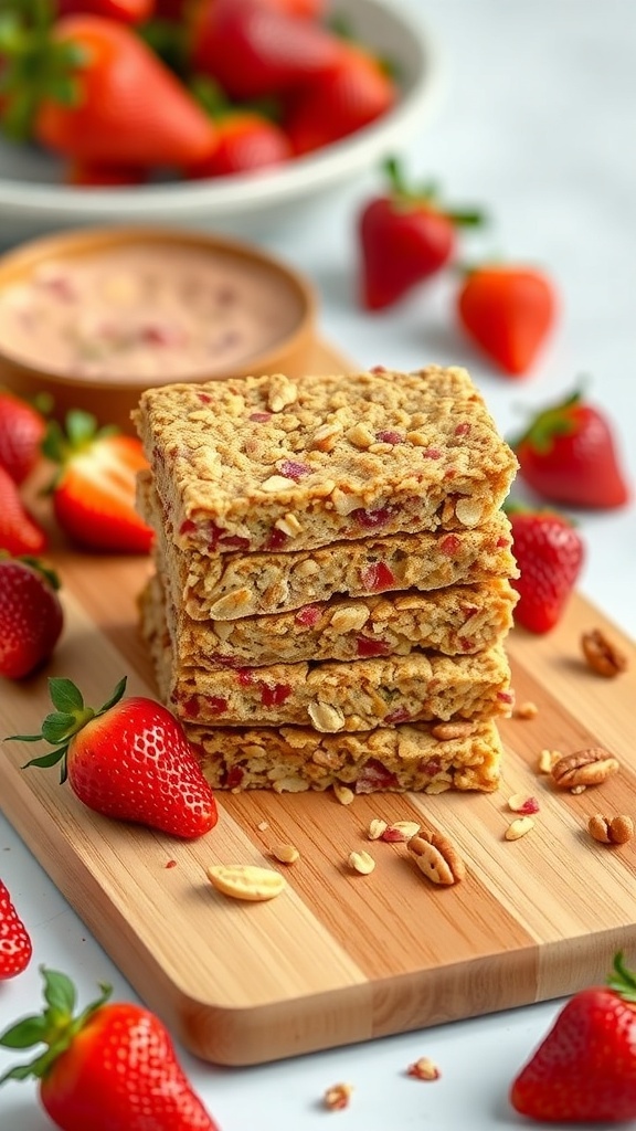 Keto Strawberry Granola Bars stacked on a wooden board with fresh strawberries around them