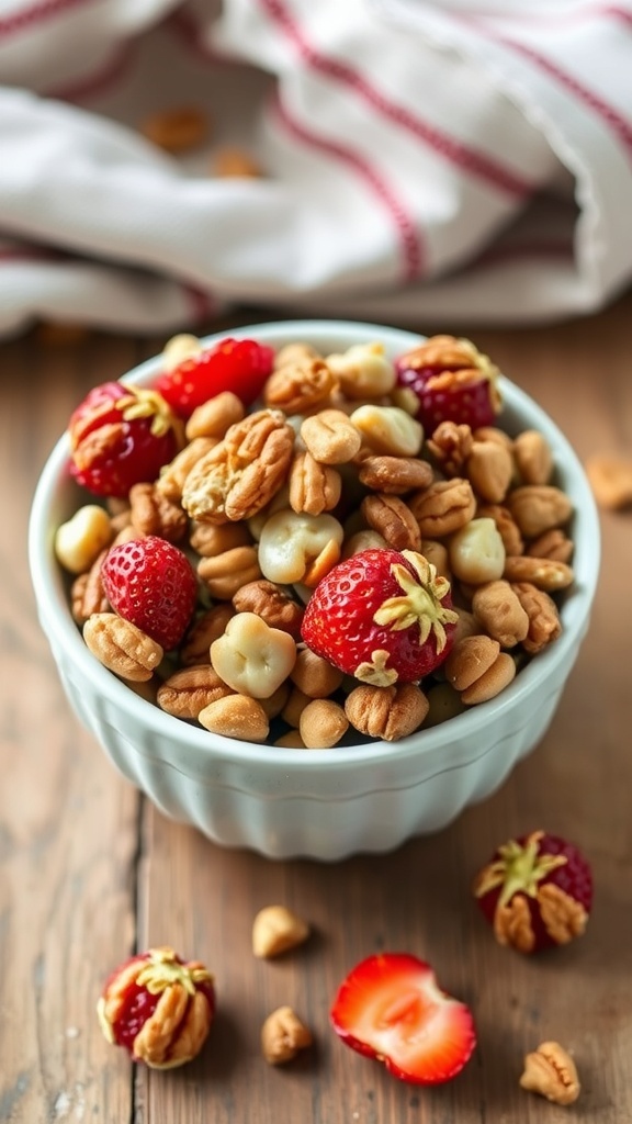 A bowl of keto strawberry nut clusters with fresh strawberries and nuts