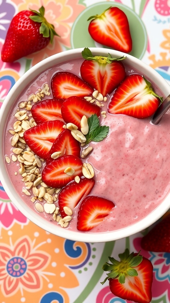 A colorful Keto Strawberry Smoothie Bowl topped with fresh strawberries and seeds.