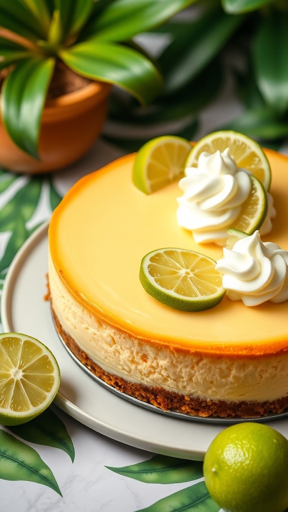 A beautiful Key Lime Cheesecake topped with lime slices and whipped cream, surrounded by green foliage.