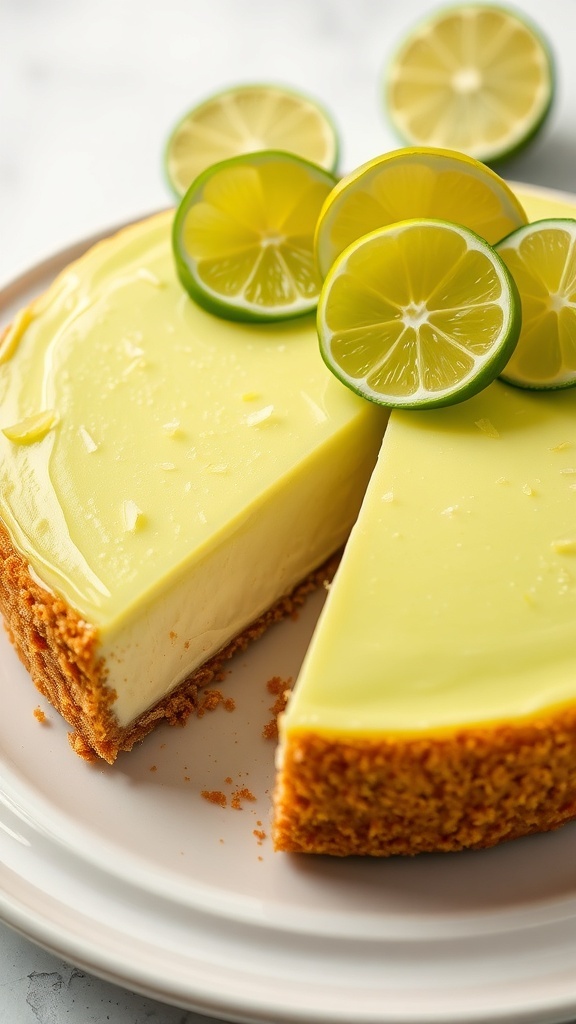 A delicious Key Lime Keto Cheesecake topped with fresh lime slices.