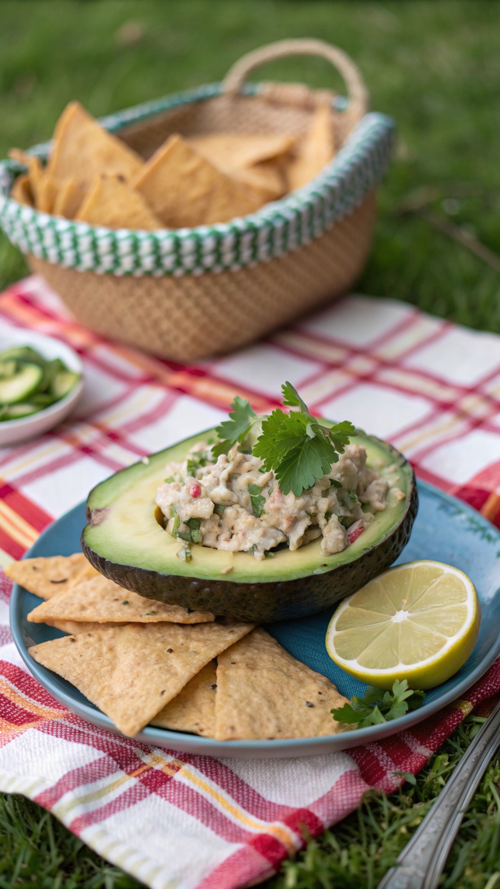 A plate with a halved avocado filled with tuna salad, garnished with cilantro, served with tortilla chips and a slice of lemon.