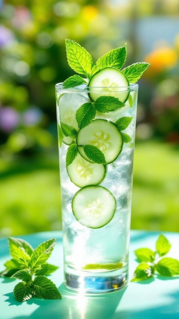 A refreshing cucumber mint cooler drink with cucumber slices and mint leaves in a tall glass.