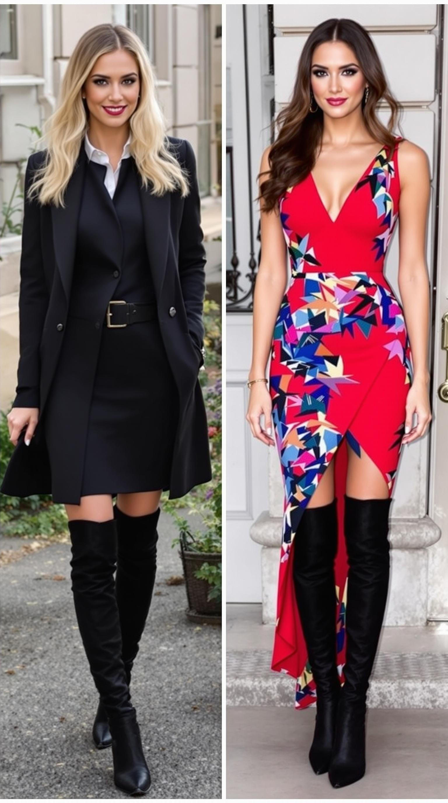 Two models showcasing knee-high boots; one in a blazer and mini skirt, the other in a floral dress.