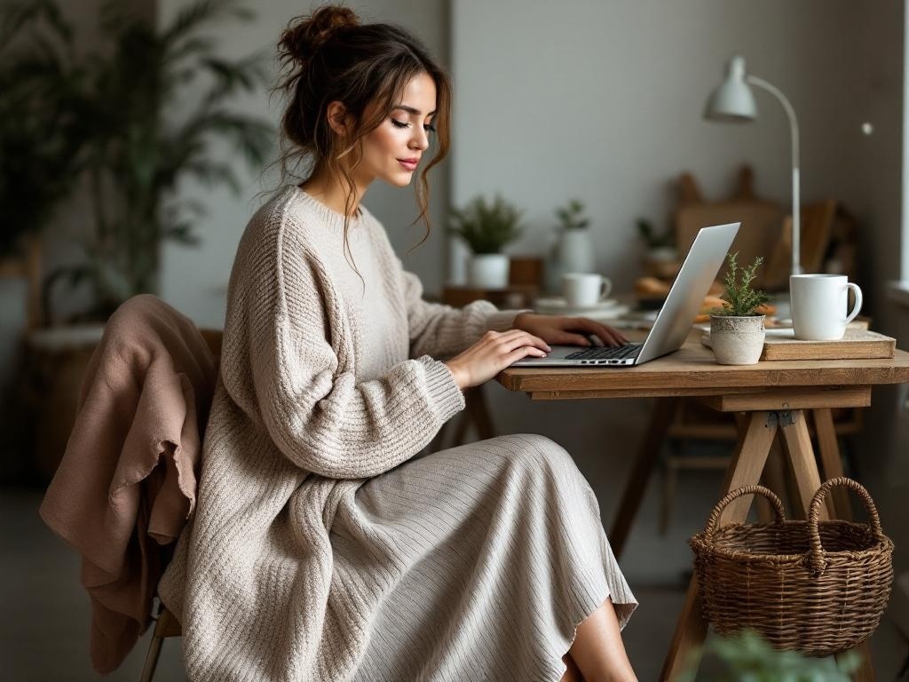 A woman wearing a cozy knit sweater and a midi skirt, working on a laptop at a stylish desk.