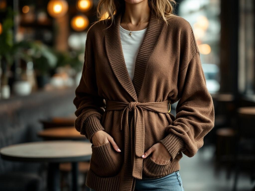A woman wearing a brown belted cardigan, styled with a white top and jeans, standing in a cozy cafe setting.
