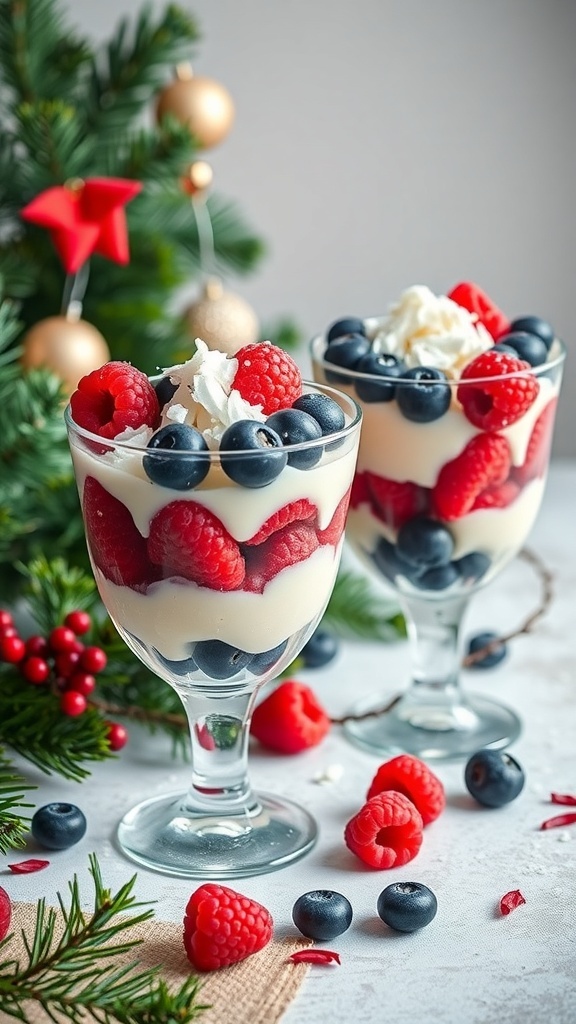 Layered Berry and Coconut Parfaits with raspberries, blueberries, and whipped cream
