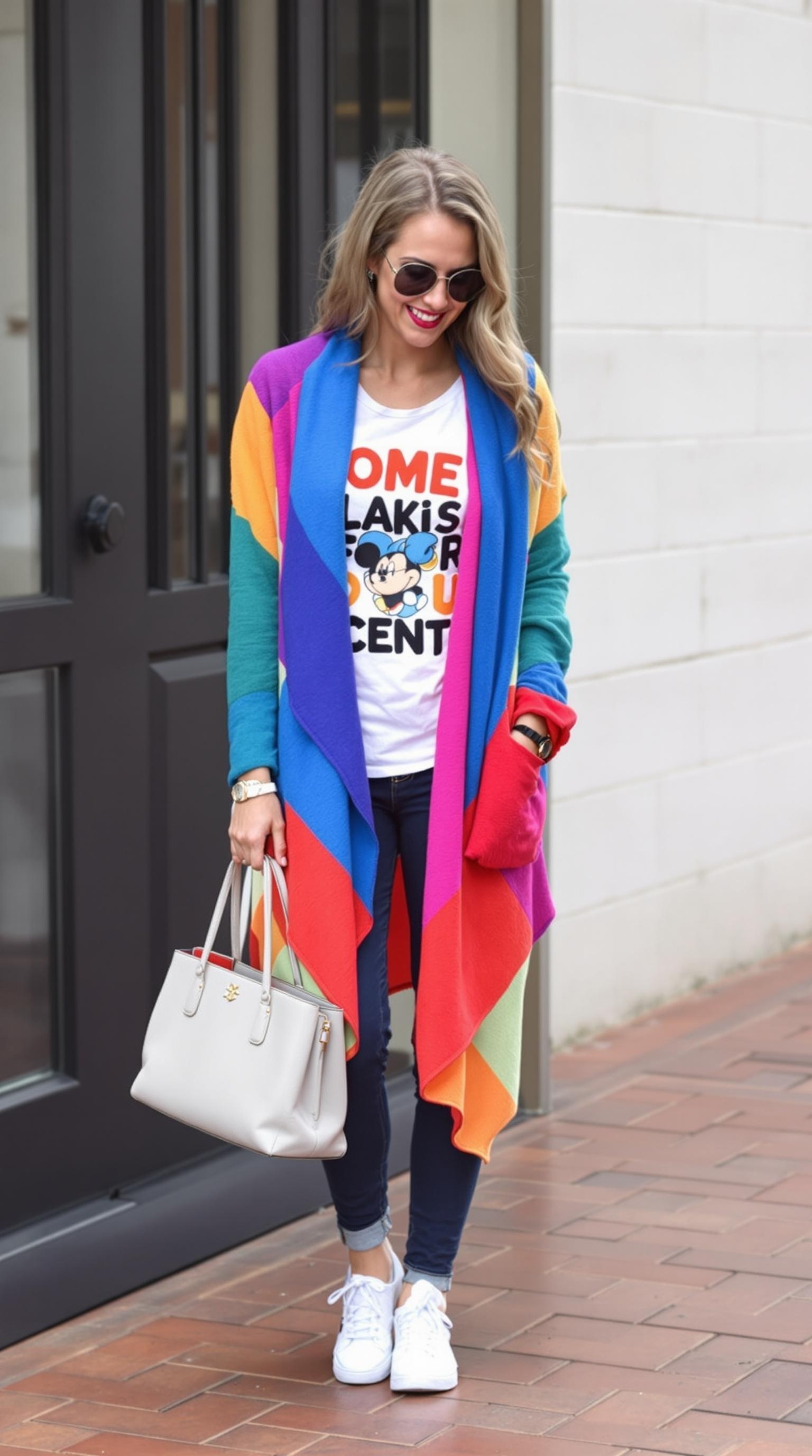 A woman wearing a colorful layered cardigan over a graphic tee, showcasing a casual and stylish outfit.