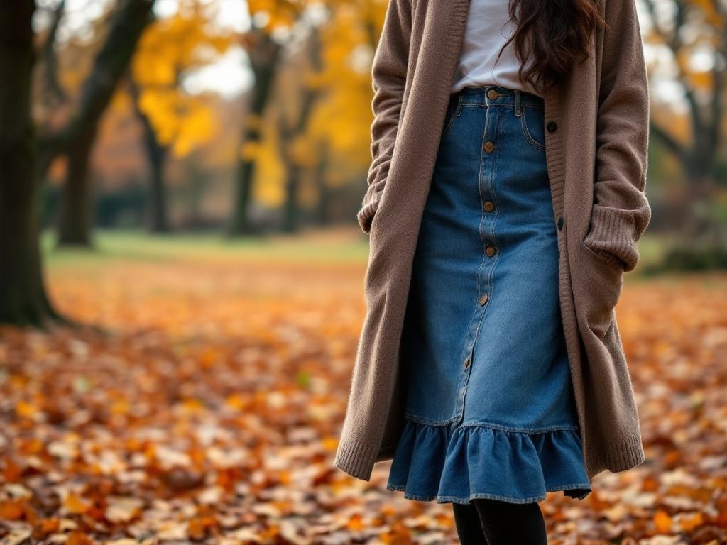 A woman wearing a layered denim skirt with a long beige cardigan, standing in a park with autumn leaves.