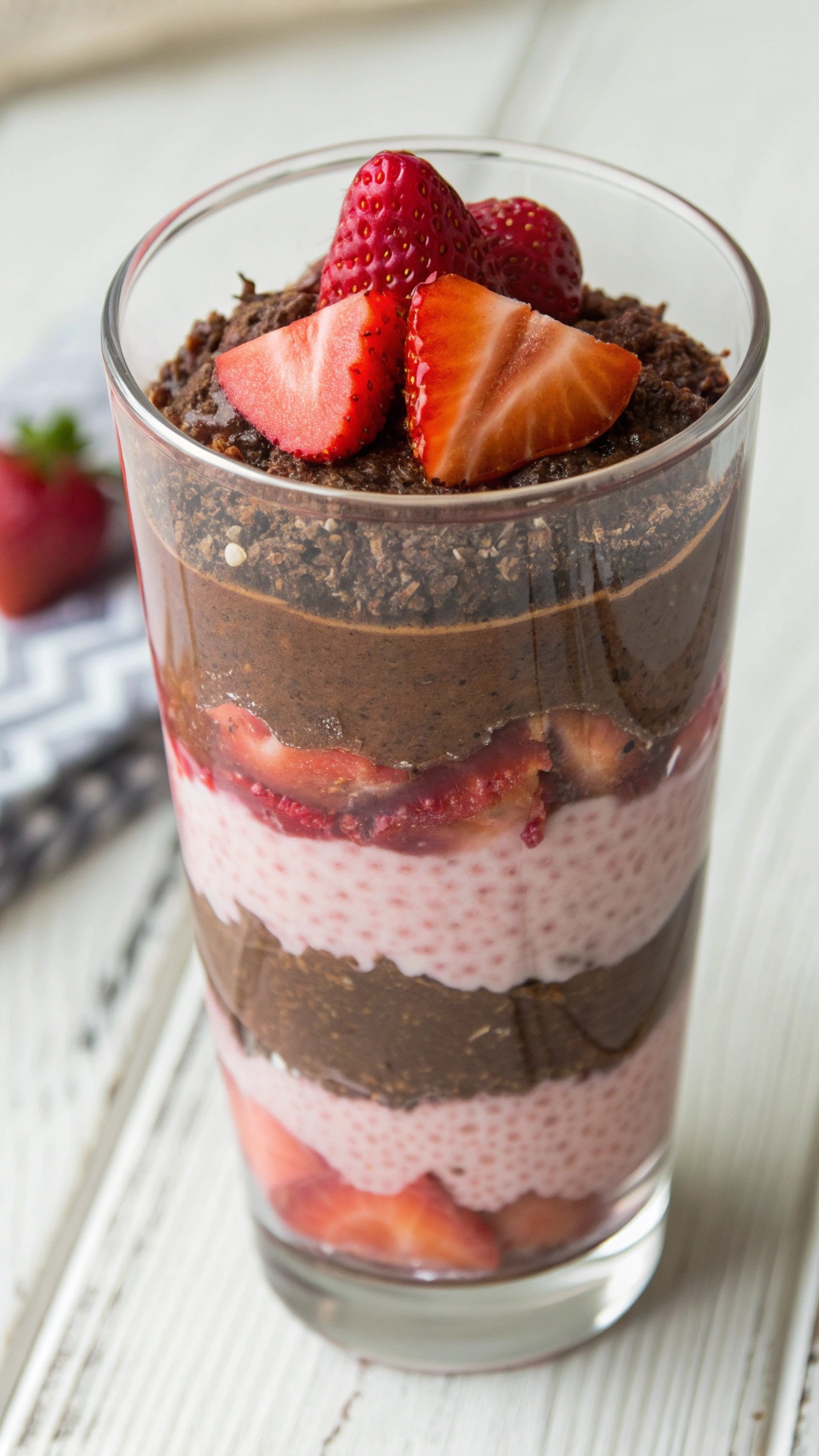 A layered chocolate and strawberry chia parfait in a glass, topped with fresh strawberries.