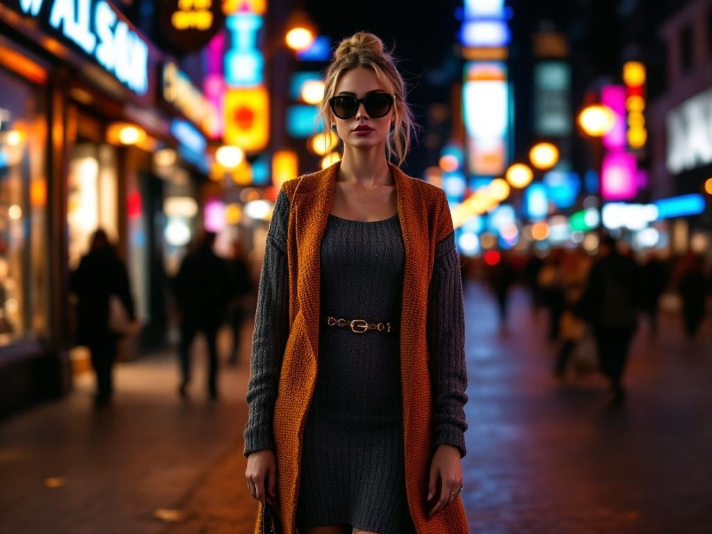 A stylish woman in a layered knit dress with a cozy cardigan and statement accessories, standing in a brightly lit urban setting at night.