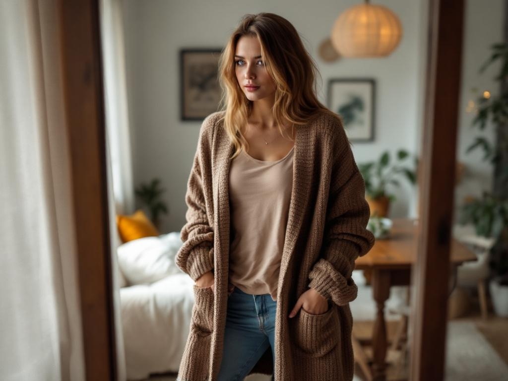 A woman wearing a long cardigan, standing in a cozy room with a relaxed expression.