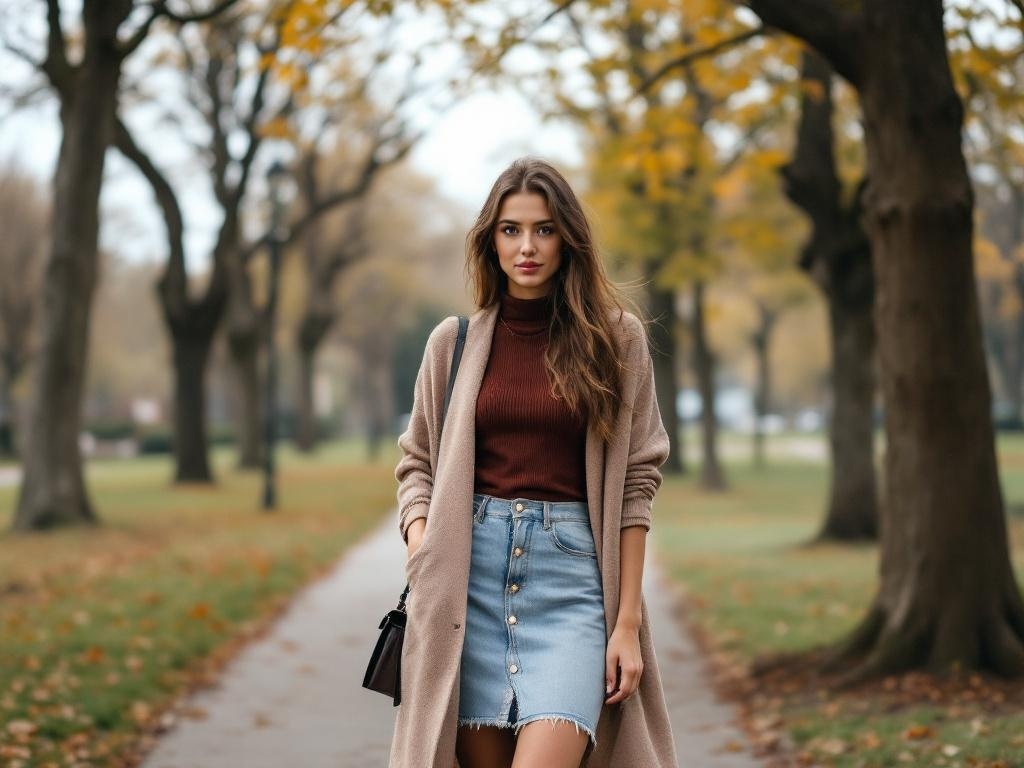 A model wearing a denim skirt and a long beige cardigan, walking in a park with autumn leaves.