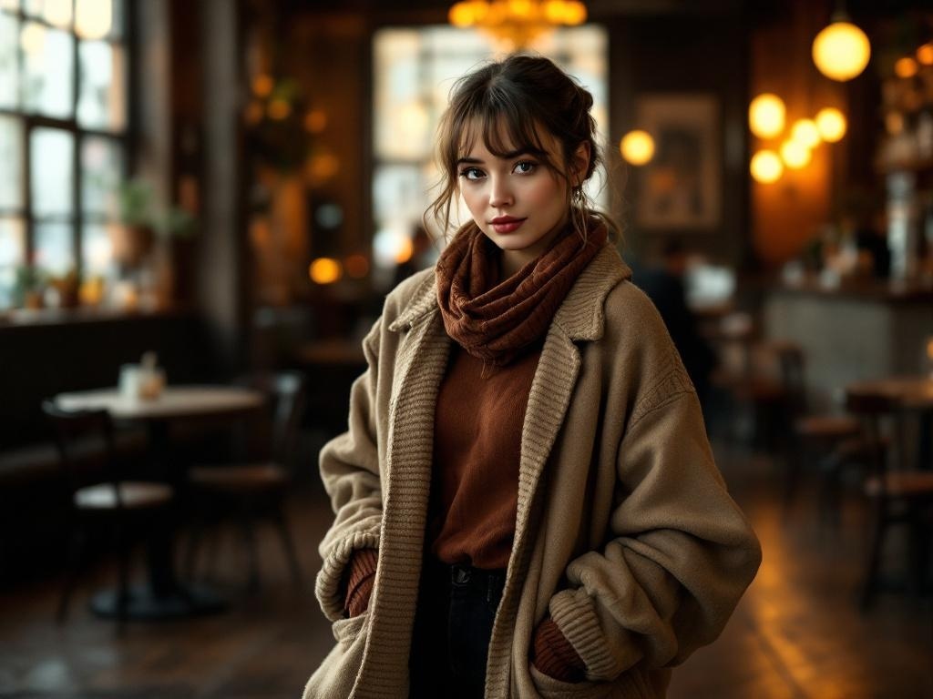 A model wearing an oversized cardigan in a cozy café setting.