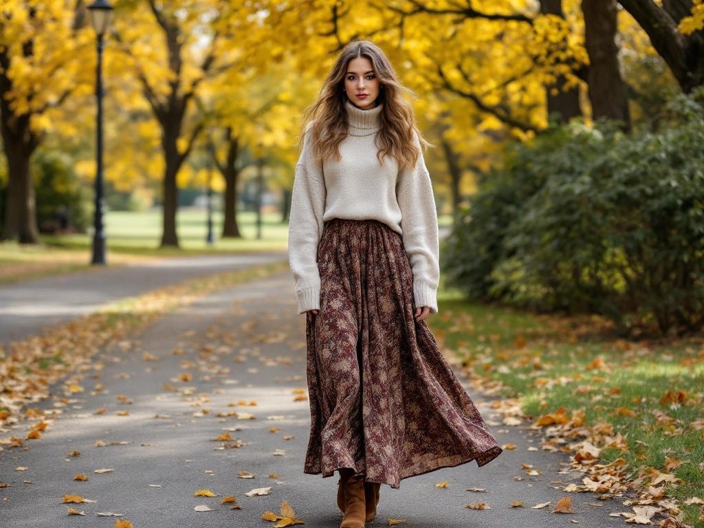 A woman walking on a path surrounded by autumn trees, wearing a cozy turtleneck and a patterned maxi skirt.