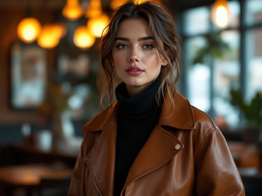 A stylish individual wearing a brown leather jacket over a black turtleneck, showcasing a chic layered look.