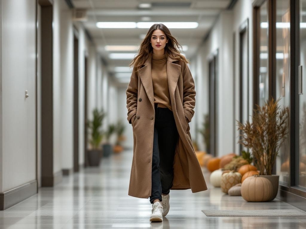 A woman in a long coat walking in a hallway decorated for fall.