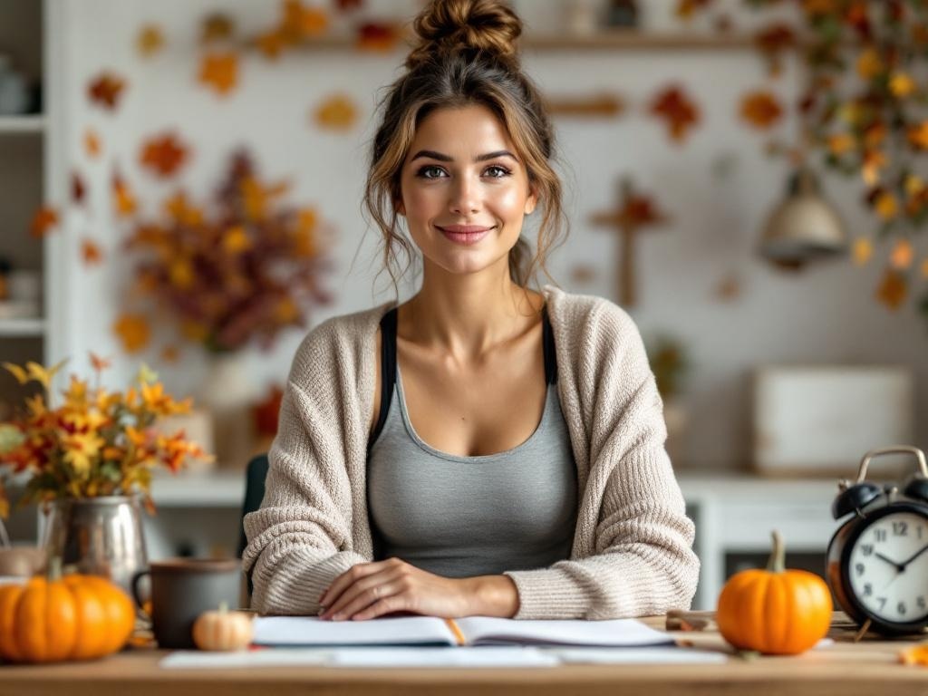 A woman wearing a layered tank top with a cardigan, sitting at a desk with autumn decorations.