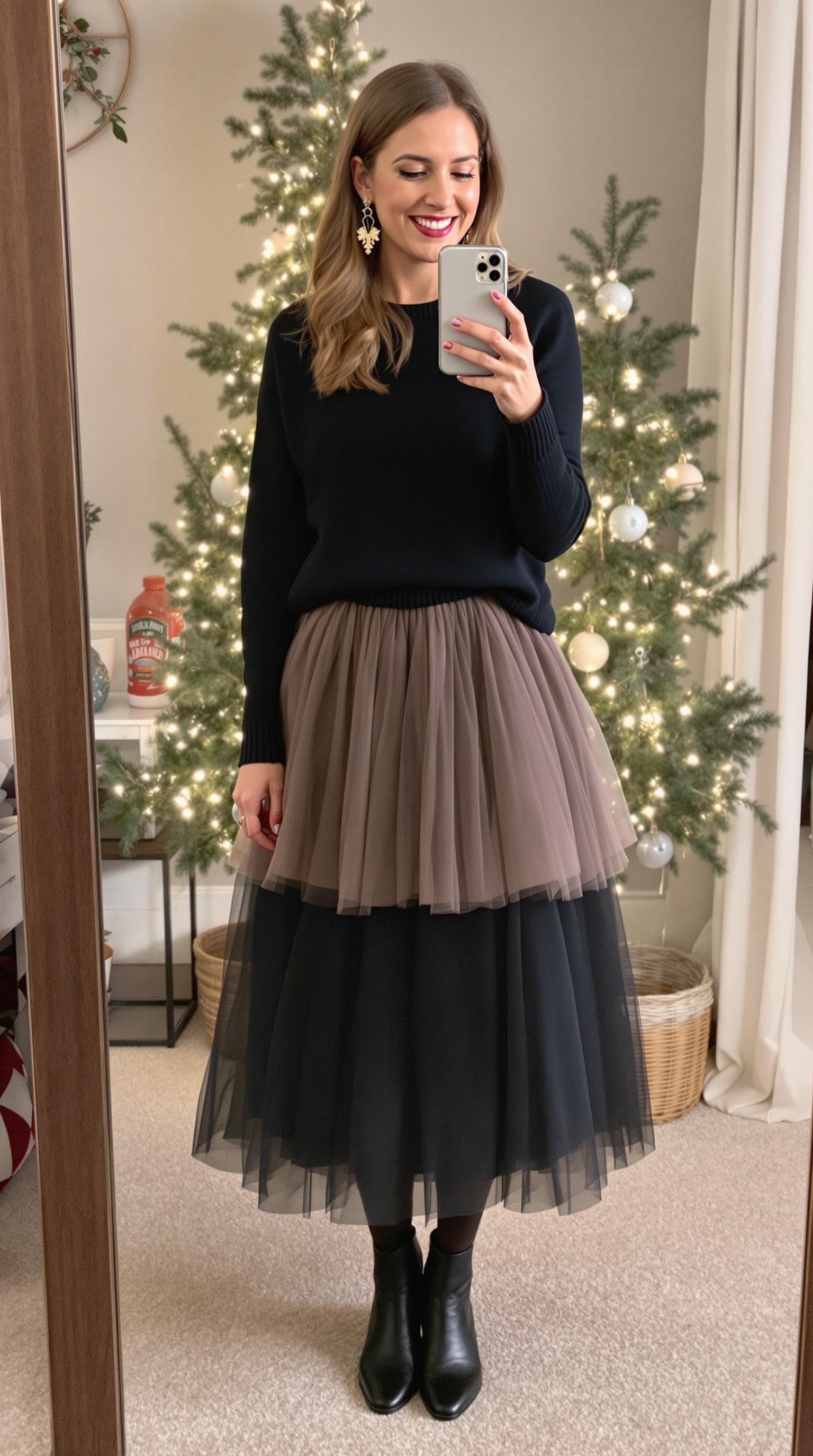 A layered tulle skirt paired with a statement sweater, showcasing a playful and romantic outfit.