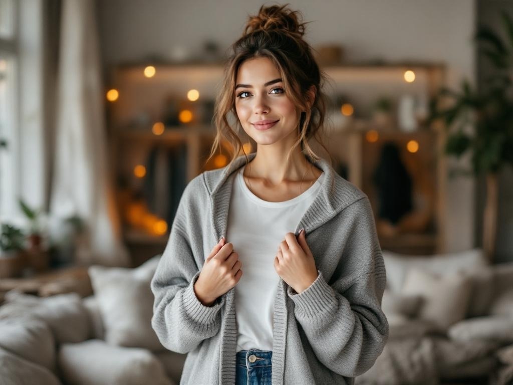 A woman in a cozy gray cardigan over a white tee, smiling in a stylish living room.