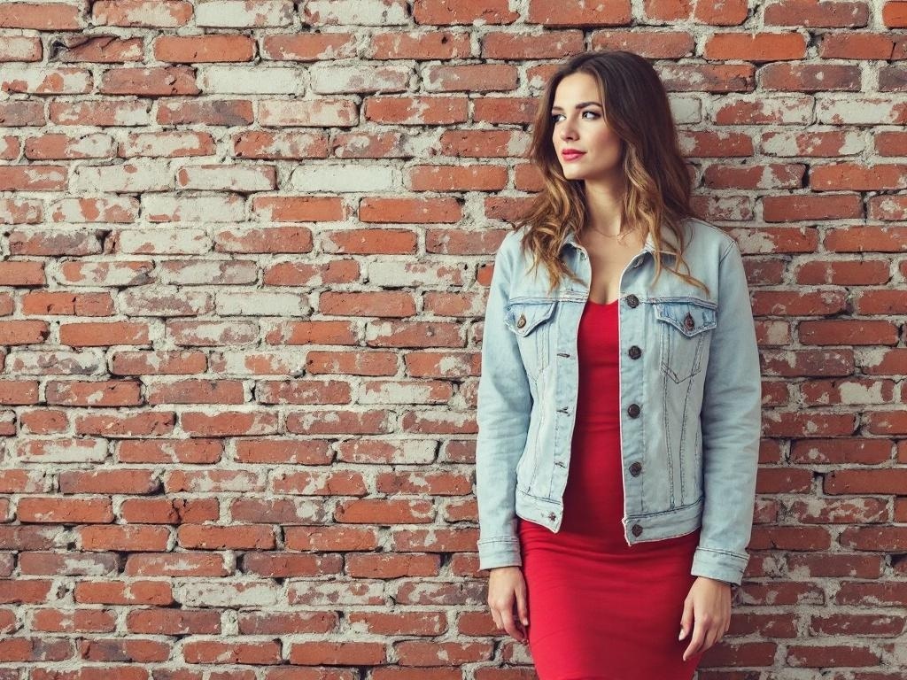 A woman wearing a red dress and a denim jacket, standing against a brick wall.