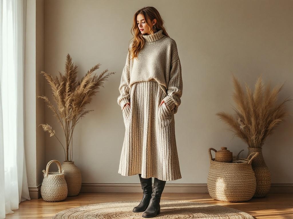 A woman wearing a cozy oversized knit sweater and a matching knit long skirt, standing in a stylish interior with decorative plants.