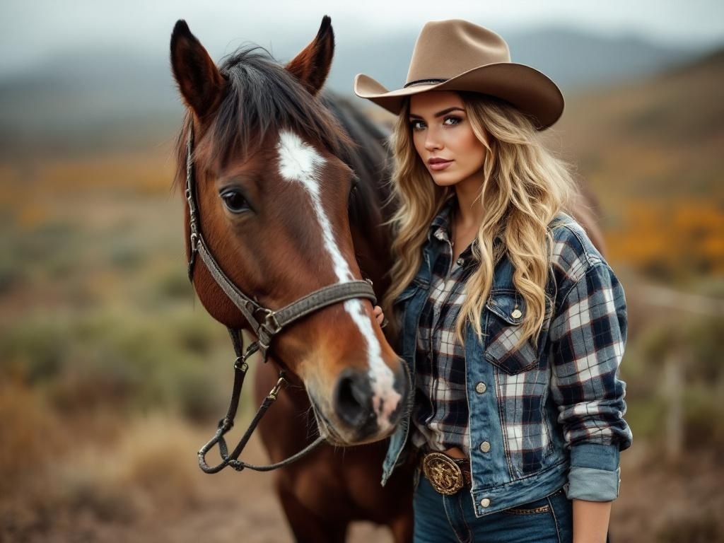 A woman in a plaid shirt and denim jacket stands next to a horse, wearing a wide-brimmed hat.