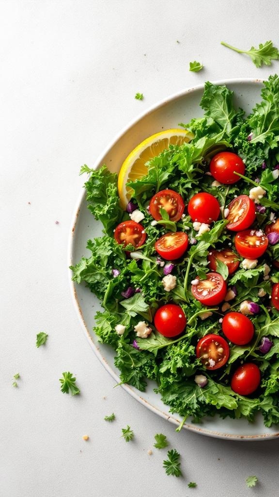 A colorful salad with kale, cherry tomatoes, and lemon slices on a plate.