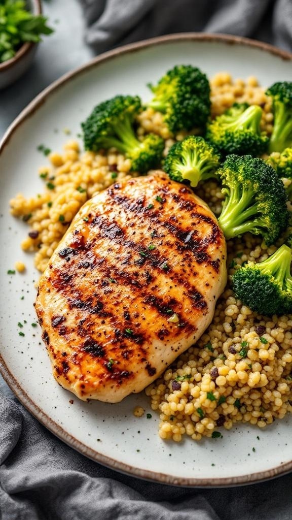 A plate of grilled chicken breast with couscous and broccoli, showcasing a healthy meal option.